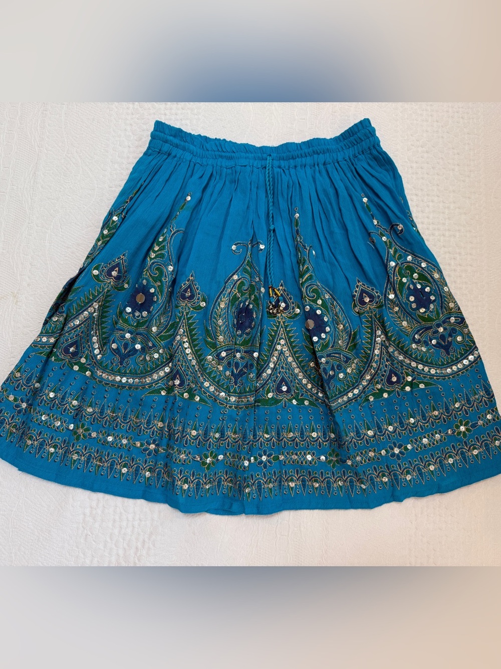 Boho Embroidered Sequin Peasant Skirt Women’s S/M Blue Paisley Festival